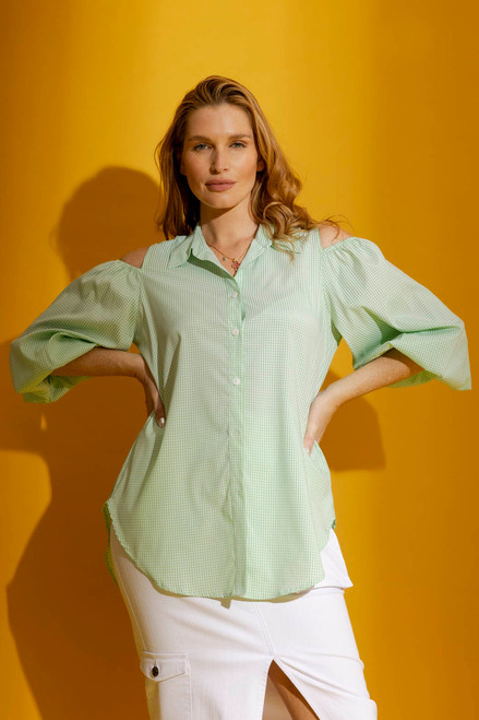 Green Gingham Cold Shoulder Shirt  - FINAL SALE