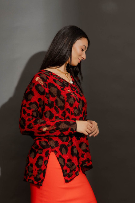 Red Distressed Leopard Knit