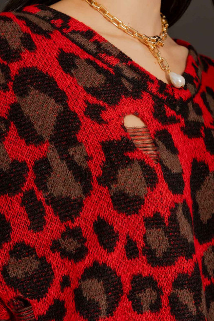 Red Distressed Leopard Knit