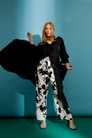 Black/White Silky Button Hem Pant