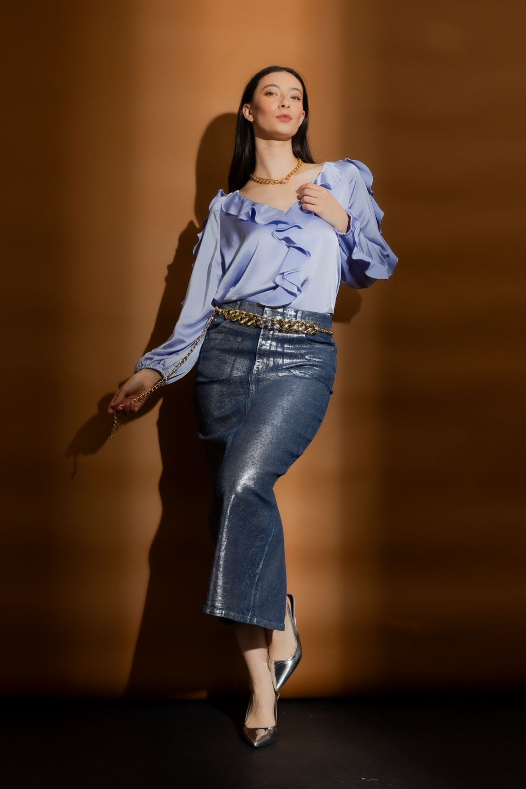 Silver Foil Denim Skirt Women's Skirts Denim