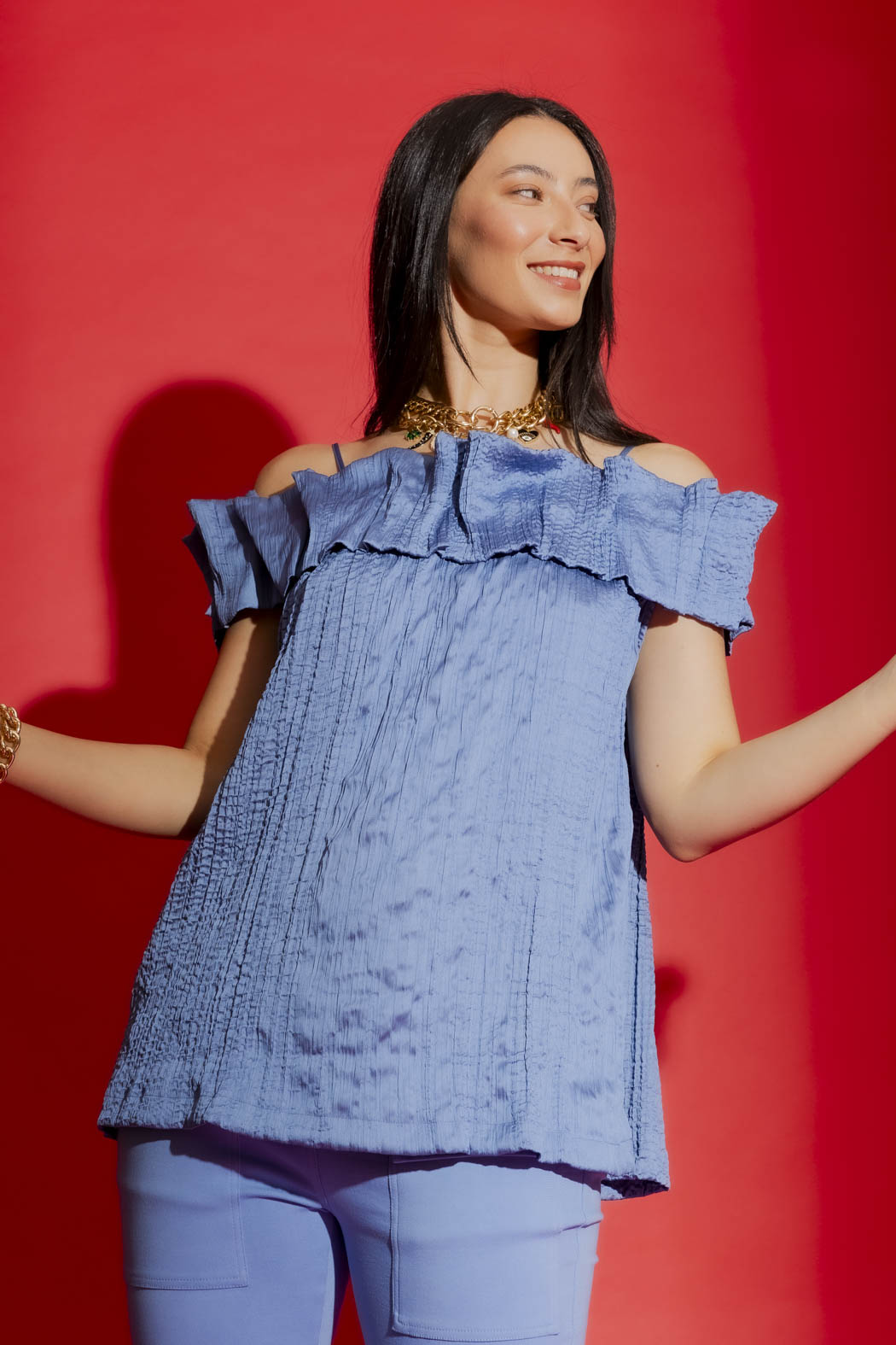 red ruffle top off shoulder