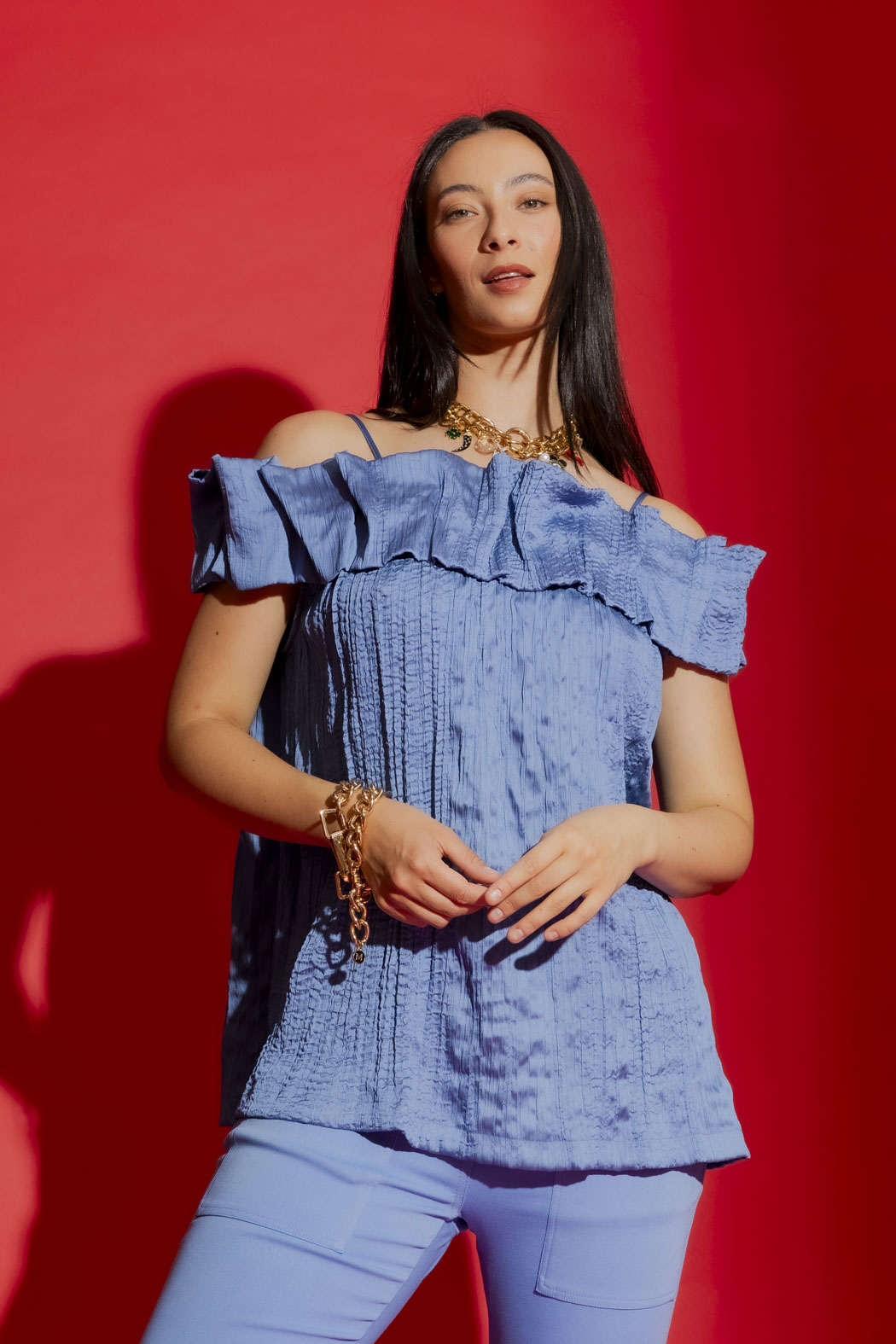 Cornflower Off-Shoulder Ruffle Top Women's Tops