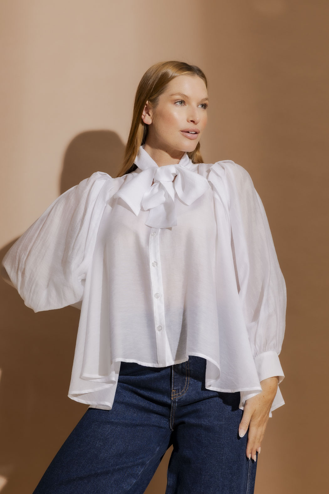 White Tencel/Linen Full Sleeve Addy Blouse Women's Shirts