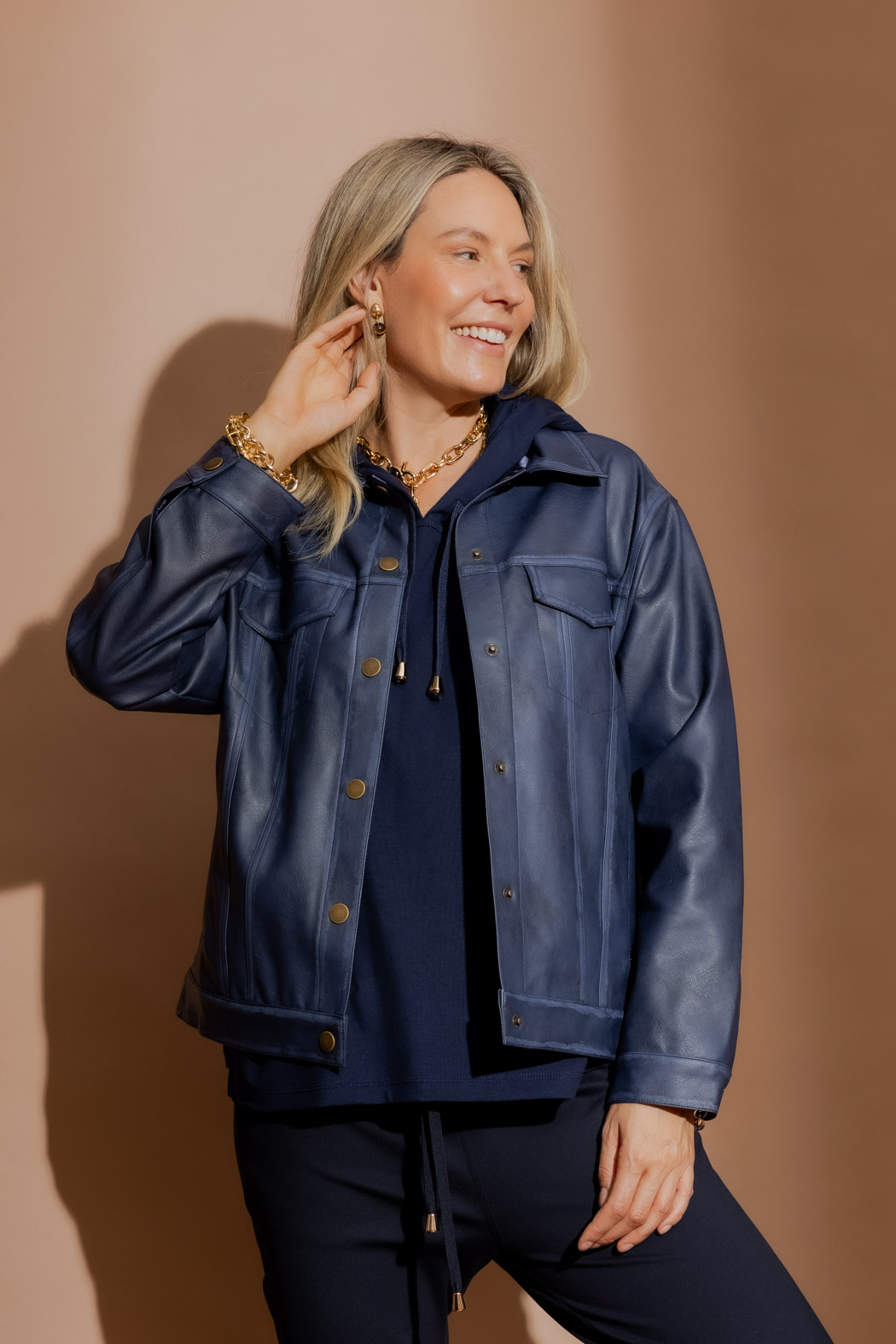 Navy Faux Leather Vintage Jacket Women's Jackets