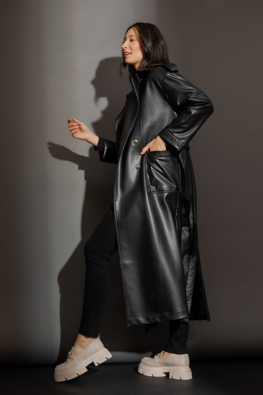 Black Faux Leather Trench Coat Women's Coats - Main Image