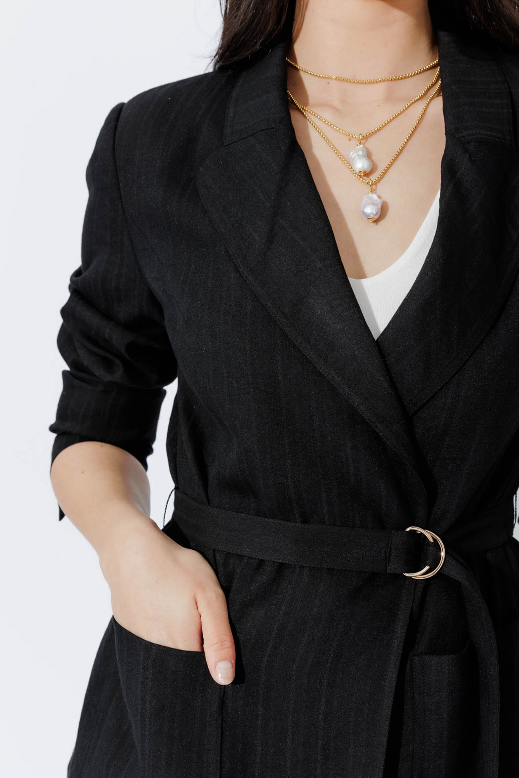Black Self Stripe Belted Blazer Women's Blazer's jackets