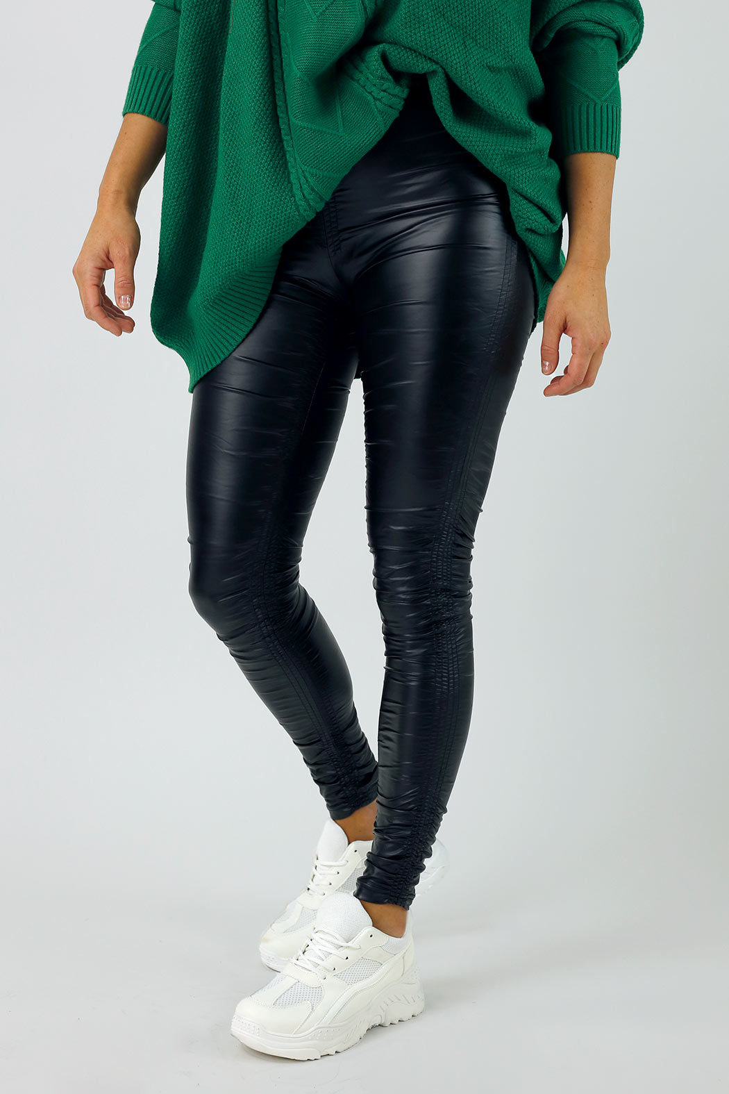 Black Waxed Ruched Legging  Women's Leggings - Motto Fashions