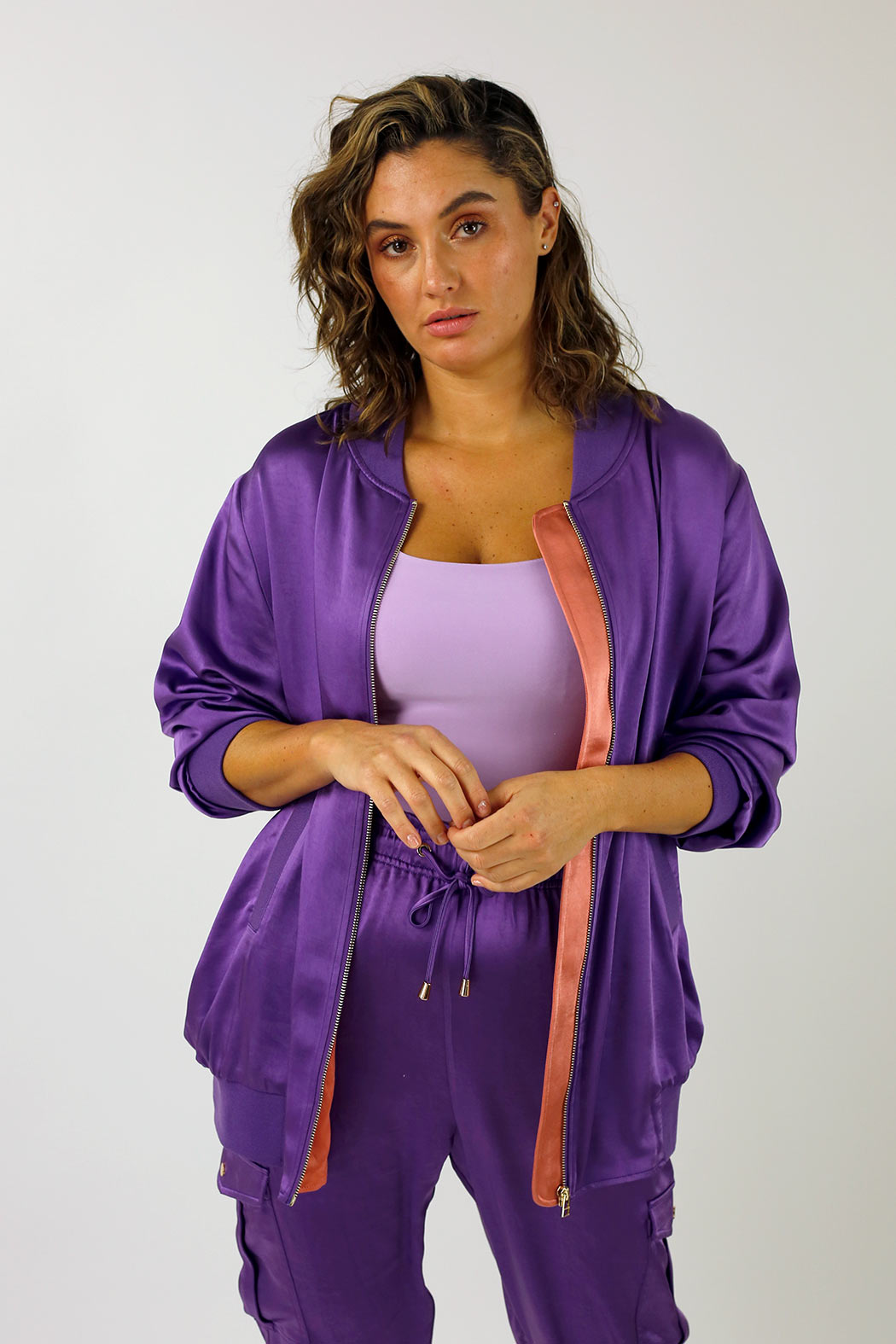 Purple Satin Zip Bomber Women's Jacket Motto Fashions