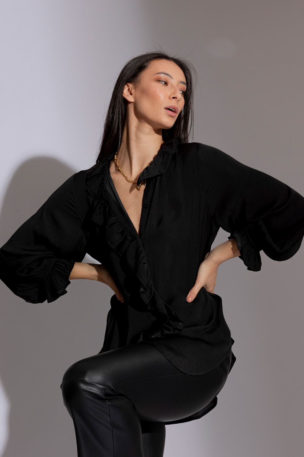 Black Double Frill Blouse - Motto