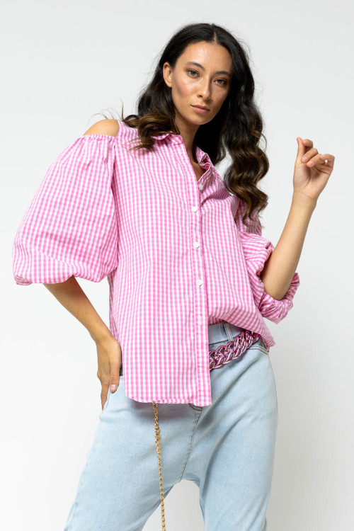 Pink Gingham Open Shoulder Shirt Women's Top Motto Fashions