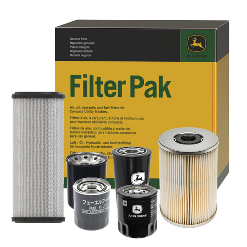 Kit Includes: LVA10419 - Hydrostatic Transmission Oil Filter, M806419 - Engine Oil Filter, MIU802421 - Fuel Filter Element, MIU803127 - Fuel Filter, RE45864 - Transmission Oil Filter, RE68048 - Primary Air Filter