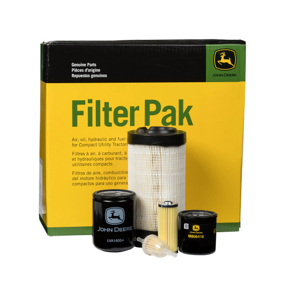 Kit Includes: AM116304 - Inline Fuel Filter, LVA16054 - Hydraulic Oil Filter, LVU34503 - Primary Air Cleaner Element, M806418 - Engine Oil Filter, MIU804763 - Fuel Filter Element