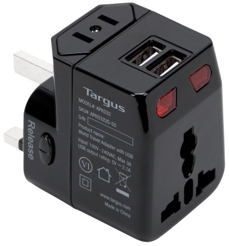 APK032US - Targus WORLD TRAVEL ADAPTER WITH DUAL USB CHARGING PORTS BLACK