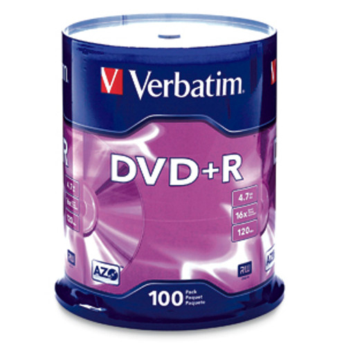 95098 - Verbatim VERBATIM AZO DVD+R 4.7GB 16X WITH BRANDED SURFACE-100PK SPINDLE