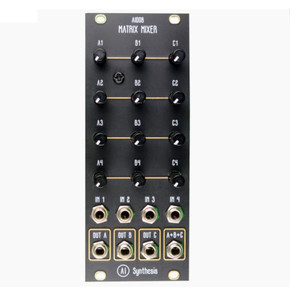Black 4-input, 4-output signal routing module with a grid of sixteen control knobs.
