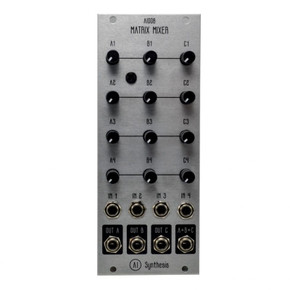 Silver 4-input, 4-output signal routing module with a grid of sixteen control knobs.