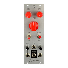 Buchla-style LPG silver module featuring a combination of VCF and VCA controls with a distinctive warm sound signature.