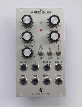 The E355 is a 14hp Eurorack module with two LFOs that use our unique morphing algorithm to create over 10,000 different waveforms.