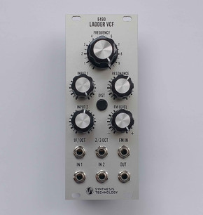 The E490 Ladder VCF is a 10HP, Moog 904A 4-pole lowpass filter using modern transistors