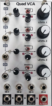 The Quad VCA comprises four channels of voltage controlled amplifiers. Each channel is equipped with a 6db boost, a LEVEL control, and the CV input response can be swept between linear and exponential.