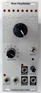 The Turing Machine makes music for you. It's a binary sequencer, based around a 16 bit memory circuit called a shift register.