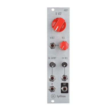 MS-20 style voltage-controlled filter silver panel with large Frequency and Resonance knobs and multiple CV inputs.