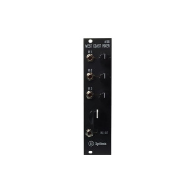 Discrete West Coast style black mixer module with three input sliders and colored knobs.