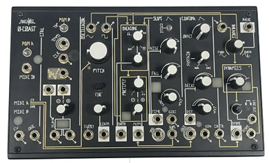 The 0-COAST music synthesizer is a single voice patchable synthesizer. Its name reflects the fact that it utilizes techniques from both the Moog and Buchla paradigms