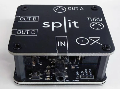 The OXI Split, MIDI breakout box, is an efficient and inexpensive solution for users whose setup relies on MIDI connections.