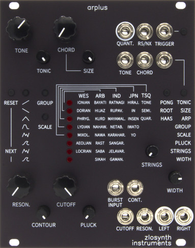 Arplus combines a quantizer, arpeggiator, and string synthesizer into one module.