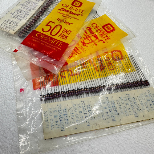50 PACK Sealed 2.7k 1/4w 5% Ohmite Carbon Comp Resistors NOS