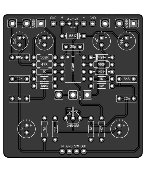 A black PedalPCB Muroidea Distortion printed circuit board, a compact DIY guitar pedal project board with white silkscreen markings.