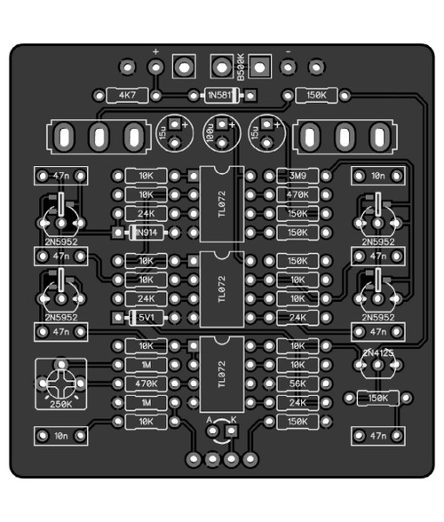 A completed custom DIY guitar effects pedal built from a PedalPCB XC Phase circuit board, featuring a Rate knob, Block and Script toggle, and a 45 vs 90 stage switch.