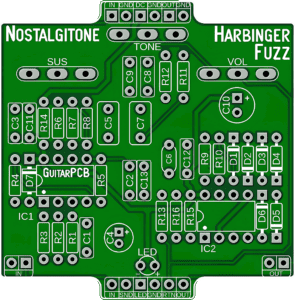 Close-up of the printed circuit board (PCB) for the GuitarPCB Harbinger Fuzz single guitar pedal kit.
