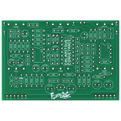 FuzzDog Calamitous Conveyance guitar pedal PCB showing the green circuit board layout and traces