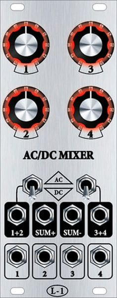 Mixer has 4 inputs which can be mixed in pairs and all together. Inputs are AC or DC coupled in pairs by switches.