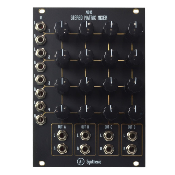 8-in, 8-out compact matrix mixer black module for complex stereo signal routing.
