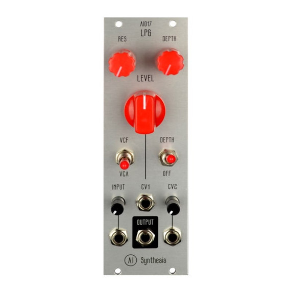 Buchla-style LPG silver module featuring a combination of VCF and VCA controls with a distinctive warm sound signature.
