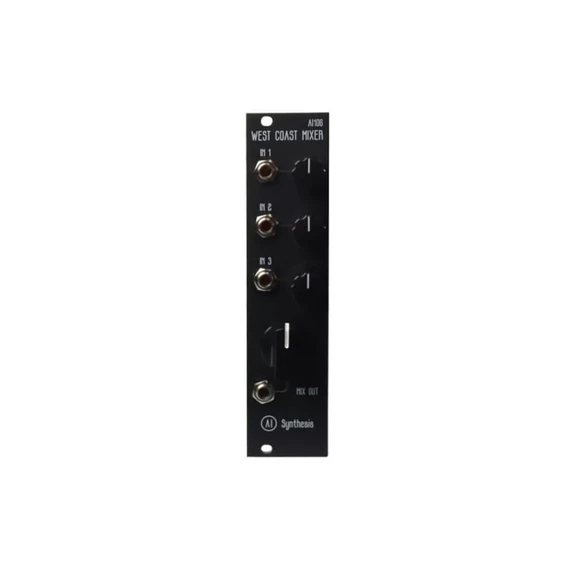 Discrete West Coast style black mixer module with three input sliders and colored knobs.