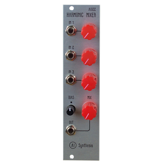 Discrete CP3-style silver mixer module without ICs, featuring three input level controls and a master output.