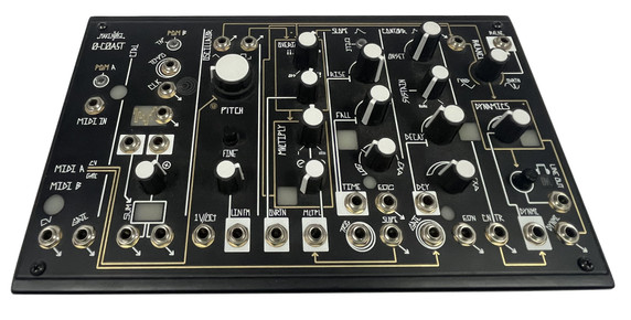 The 0-COAST music synthesizer is a single voice patchable synthesizer. Its name reflects the fact that it utilizes techniques from both the Moog and Buchla paradigms