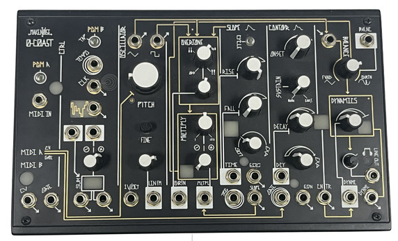 The 0-COAST music synthesizer is a single voice patchable synthesizer. Its name reflects the fact that it utilizes techniques from both the Moog and Buchla paradigms