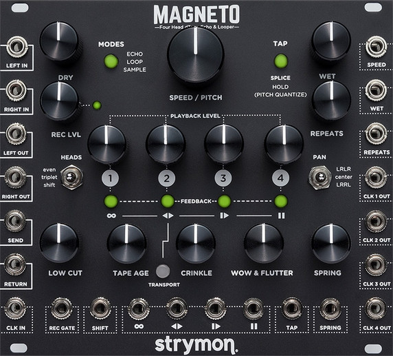 Packed with powerful features while maintaining intuitive playability, Magneto is a stereo multi-head tape delay that also functions as a looper, phrase sampler, vintage spring reverb unit, phase-aligned clock multiplier, chaotic oscillator, zero latency sub-oscillator and more, with extensive CV I/O.