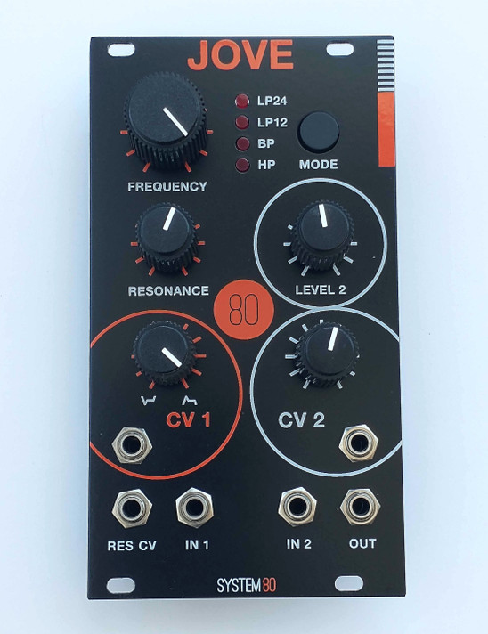 front of jove module with 5 knobs, 6 jacks, and a mode selection button with 4 indicator lights on a black panel with orange and white graphics
