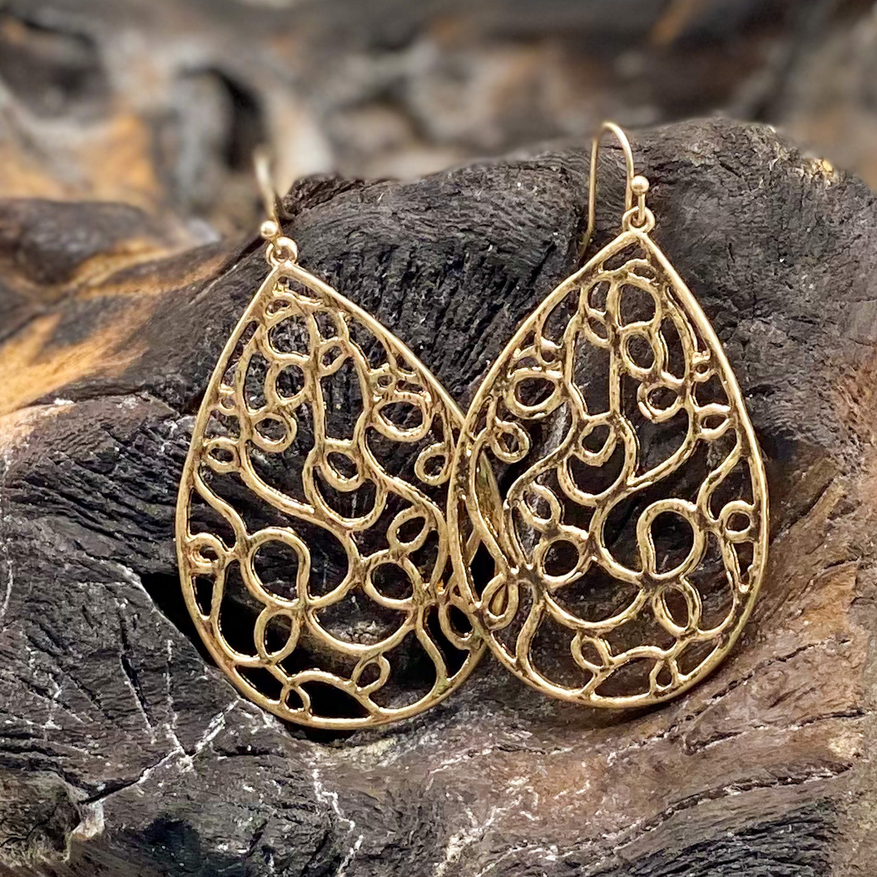 Worn Gold Filigree Teardrop Earrings Ocean Springs Mercantile