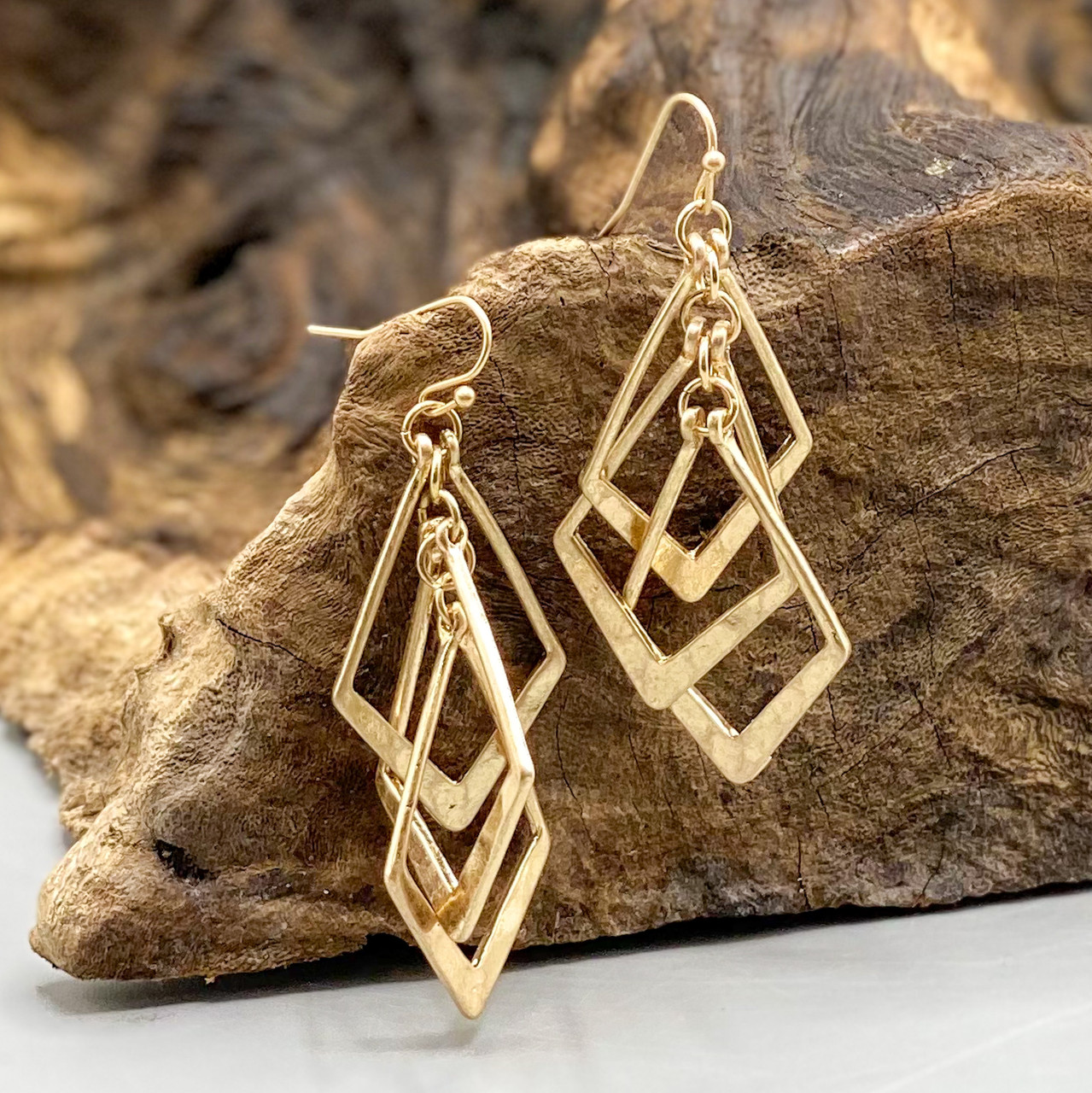 Gold Antique Square Fish Hook Earrings