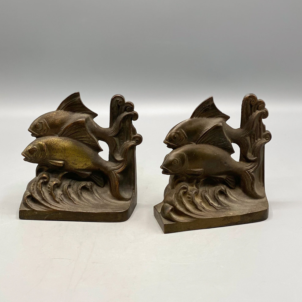Pair Of Bronze Bookends With Fish And Seahorses. 6 3/4