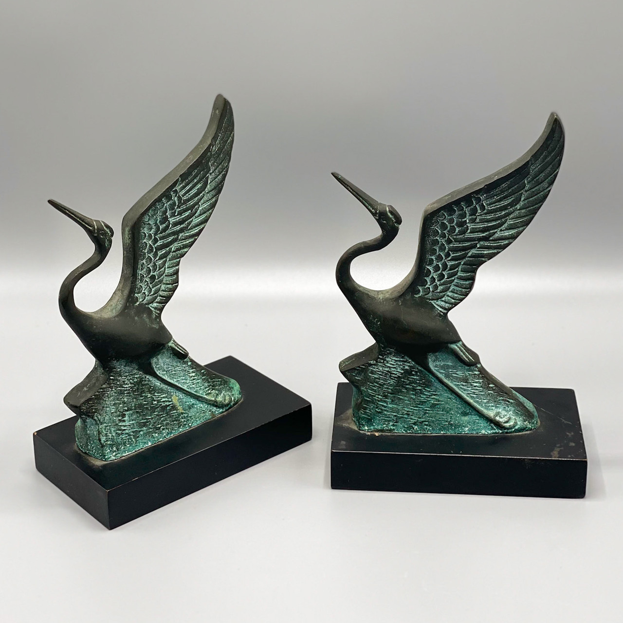 Vintage 30's Art Deco Brass Bookends Bird Pelican Egret Crane Animal Statue