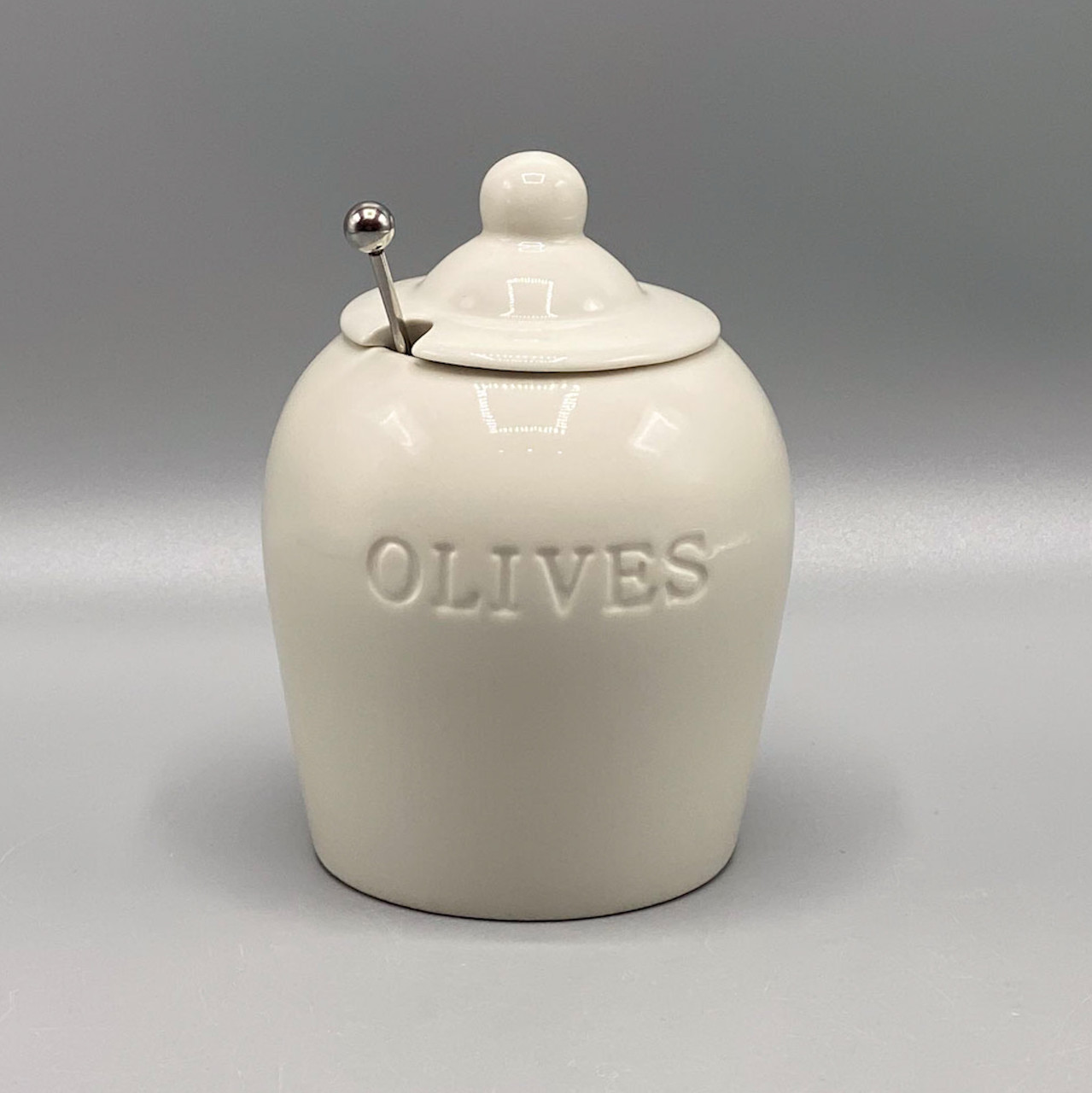 Olive Jar Glass Lidded With Stainless Steel Serving Spoon – Luxury for Less